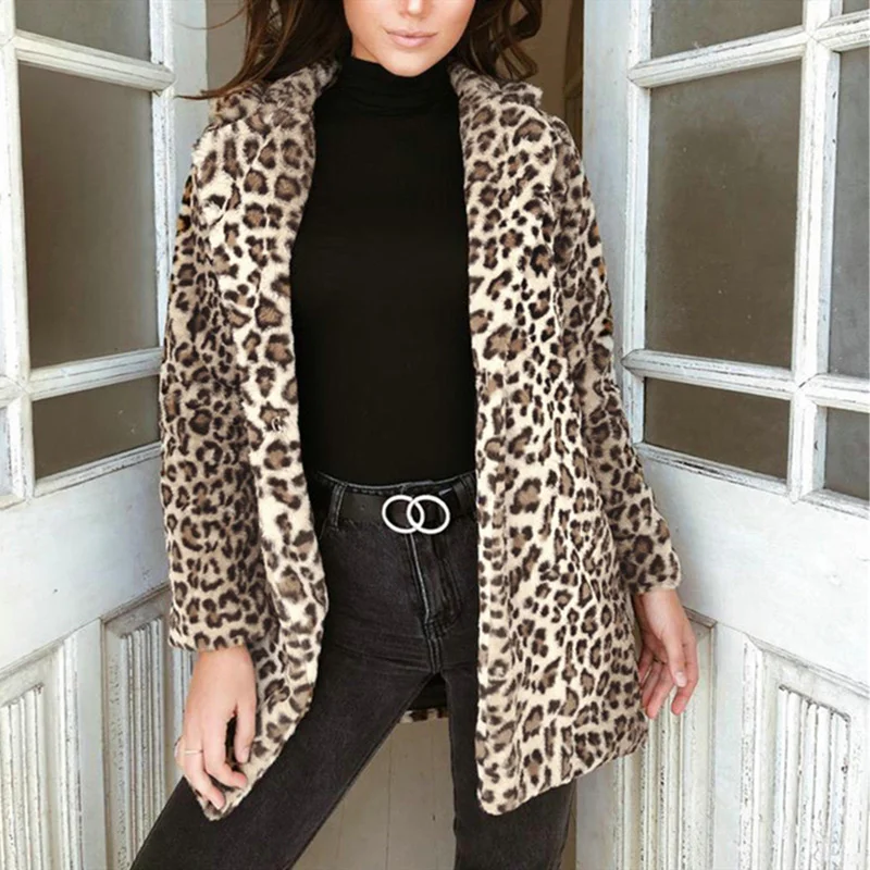 

Womens Winter Leopard Fluffy Fleece long Jacket Coat Cardigans Jumper Tops Clubwear 2019 winter Newest chaquetas mujer#55