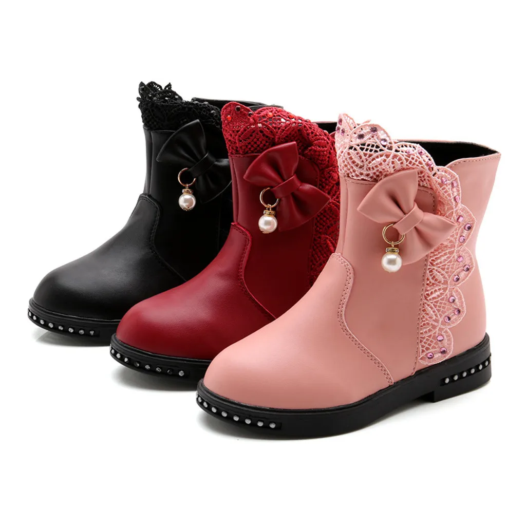 Новая зимняя черная детская обувь для девочек; ботинки; детская обувь с высоким бантом; нарядные ботинки для девочек; обувь для больших детей; Размер# ew