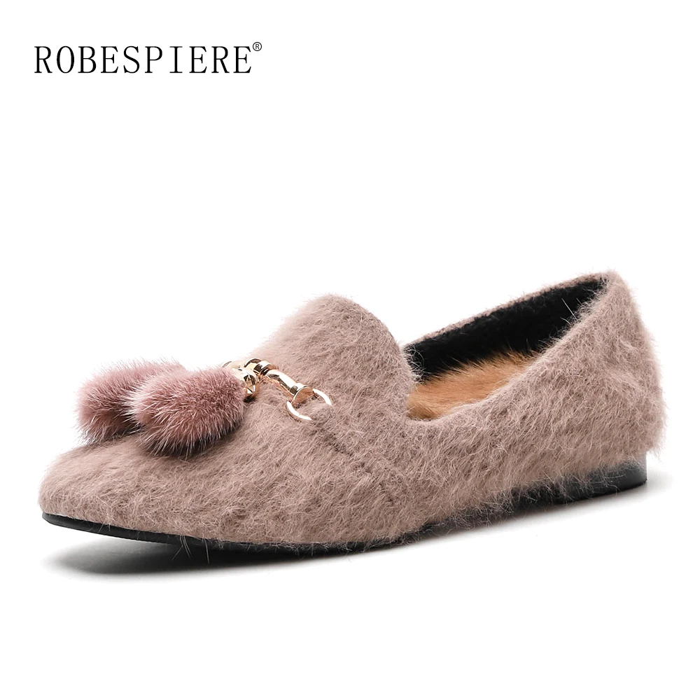 

ROBESPIERE Winter Flats Women Shoes Fringe Design Real Fur Women's Loafers Slip On Warm Plush Big Size 34-42 Casual Flats A134