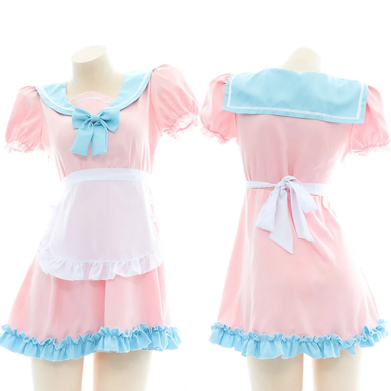 

Japanese Sweet Lolita Pink Blue Collar Kawaii Maid Uniform Dress Outfit Mori Girl Sailor Suit Short Sleeve Dress Nightdress Gift