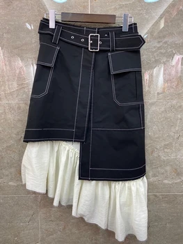 

2020 Spring and Summer New Women's Buckle Belt Waist Hugging Swing Denim Two-Piece All-match Skirt 609