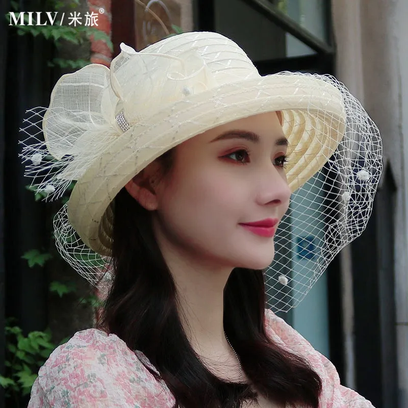 

Женская шляпа в европейском стиле, модная универсальная шляпа с кружевной сеткой, Солнцезащитная шляпа