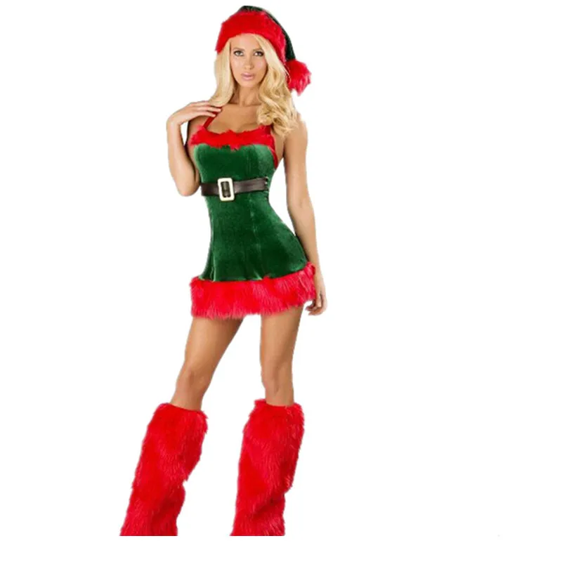 Новогодняя бархатная Рождественская форма мини-платье+ шляпа+ теплые ноги для взрослых сексуальный женский зеленый Рождественский костюм эльфа