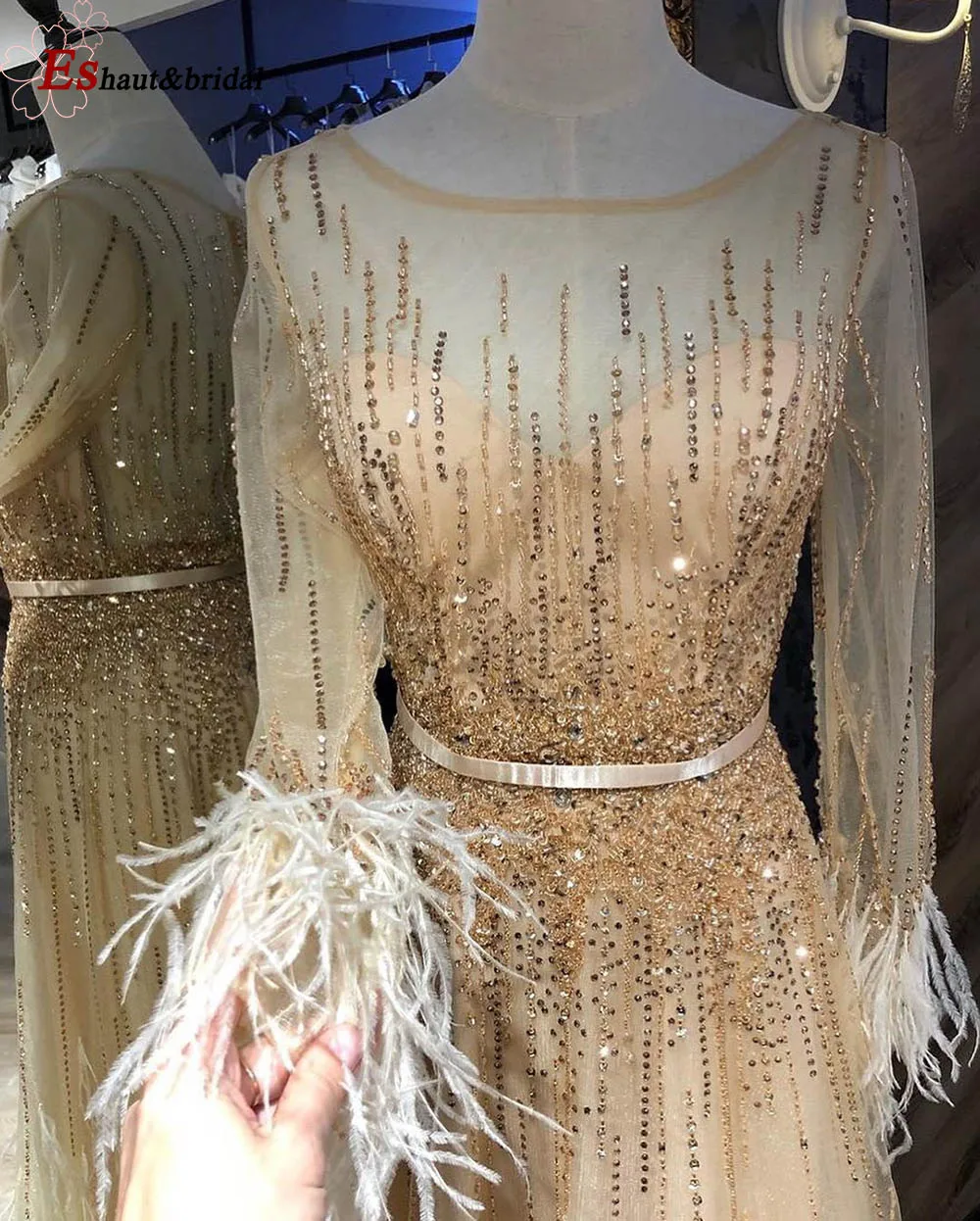 Long Sleeves Evening Dress 2020 Oneck Aline Luxury Feather Beads