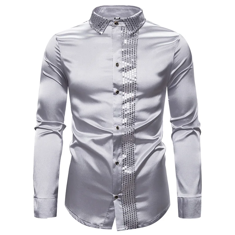 Camisas Casuales Para Hombres Brillante Plateado Lentejuelas Brillo Delgado Ajuste Camisa Hombres 2021 Marca Para Hombre Vestido Boda Fiesta Masculino De 25,27 € | DHgate