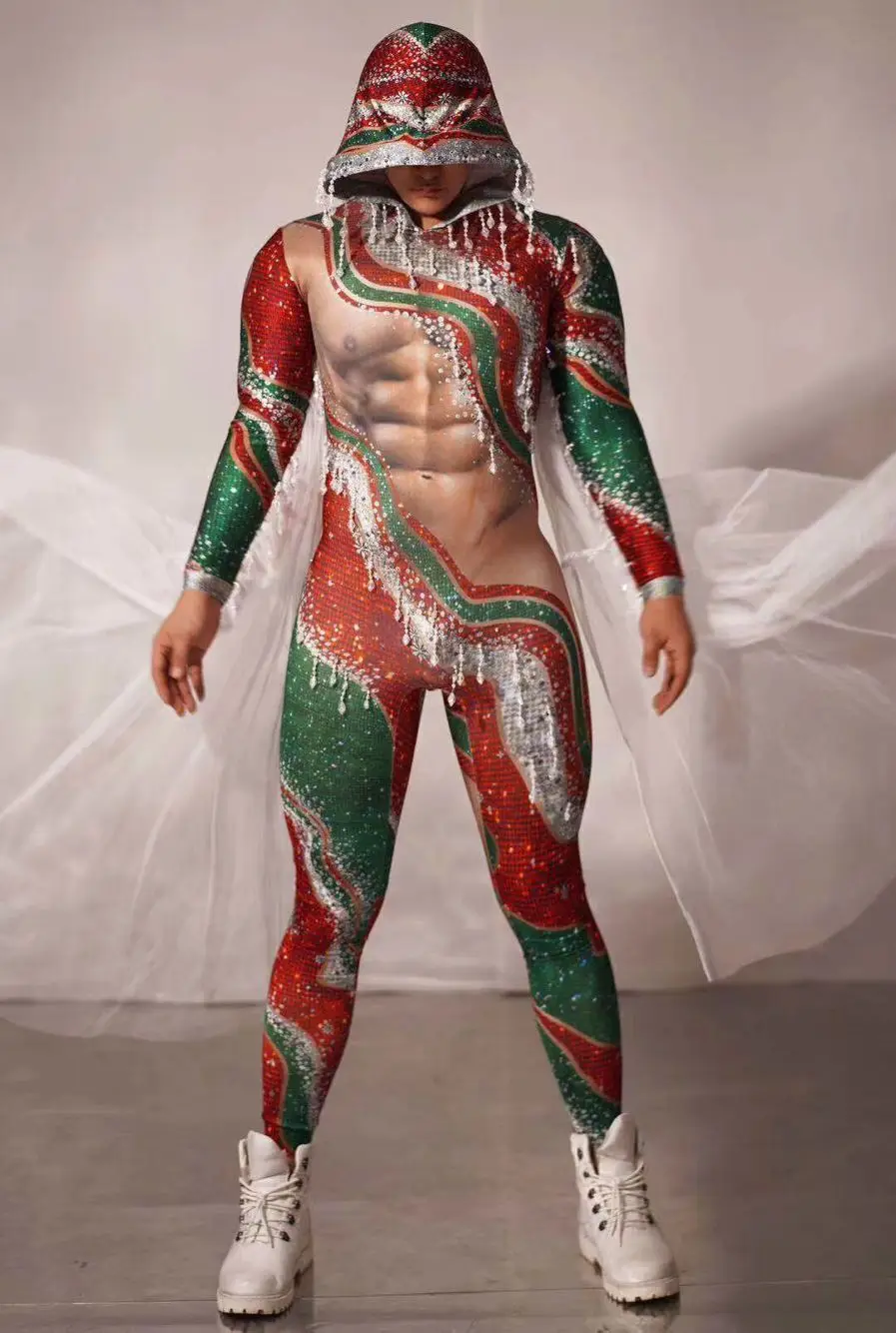 

Men women sexy stage dance wear Christmas elf suit Party Red Green Tassel Rhinestone Jumpsuit