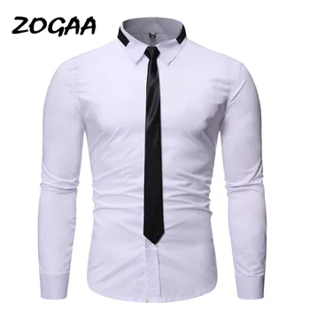 

ZOGAA Men's Top Fashion Men's Shirt Personality Neckline Tie Design 2020 Casual Slim Long Sleeve Shirt Men's Solid Color Top