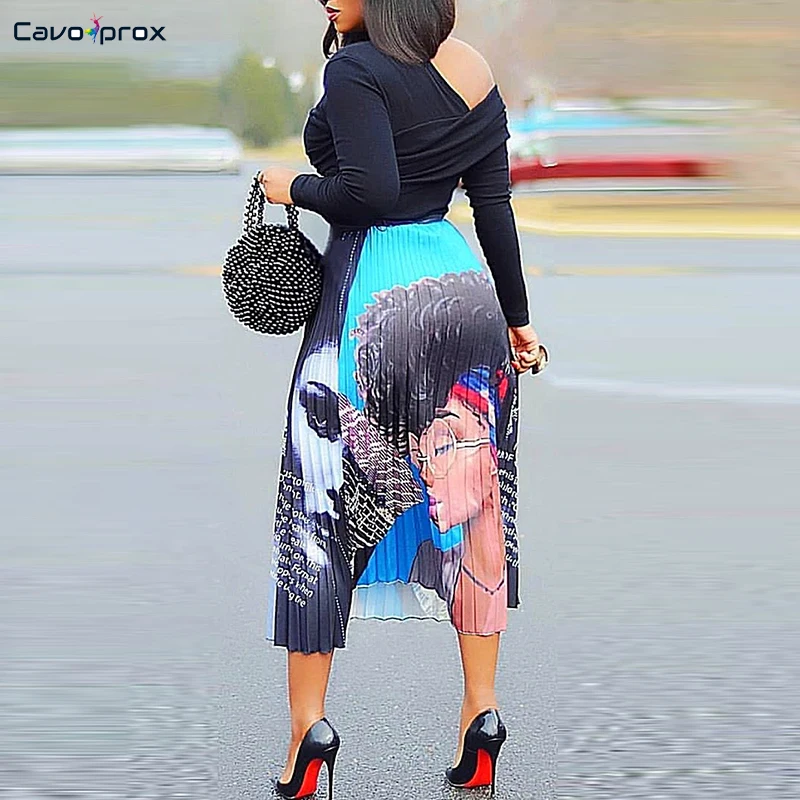 Женская ностальгическая юбка миди с графическим принтом, до середины икры, эластичная талия, модная уличная одежда размера плюс, подкладка размера плюс, юбка