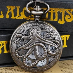 New Classic Octopus Hollow Hunter Black Quartz Pocket Watch Steampunk with Necklace Chain Gift for Kids