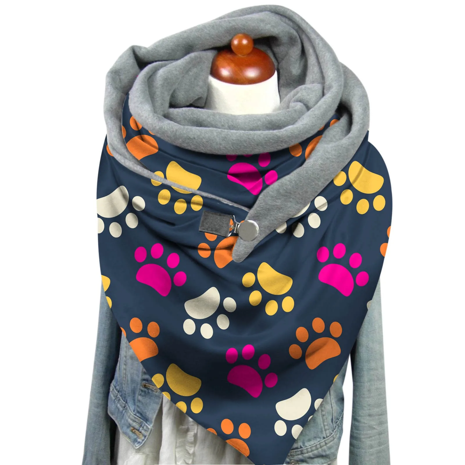 Women Cat Print Scarf Hijabs Retro Button Multi-Purpose Shawl 80cm-100cm Winter