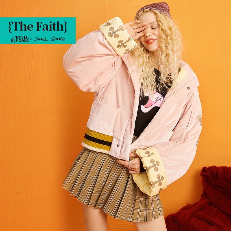 Greatest  ELFSACK Pink Solid Straight Print Warmness Coat Women 2019 Winter Flare Patchwork Sleeve Casual Off