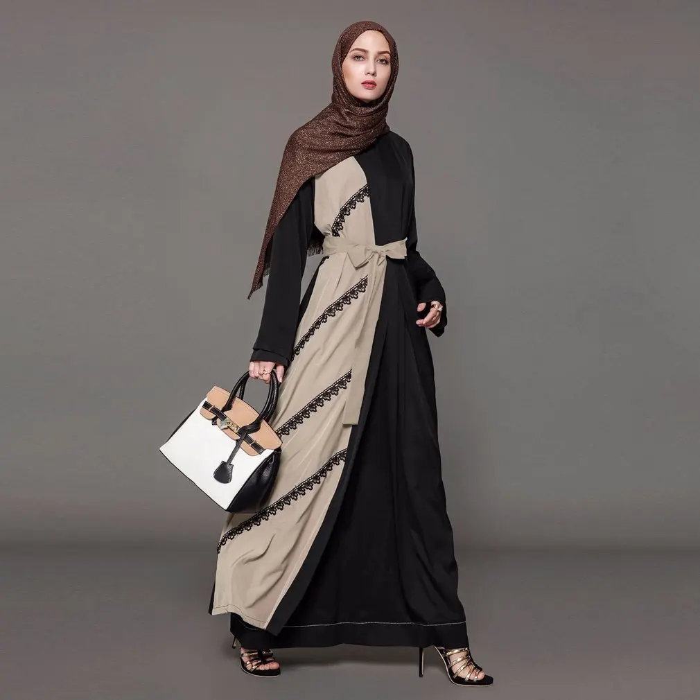 

Fashionable Full Length Women Lace Splicing Muslim Abaya Muslem Caftans Open Front Belted Dress Long Robes Long Sleeved