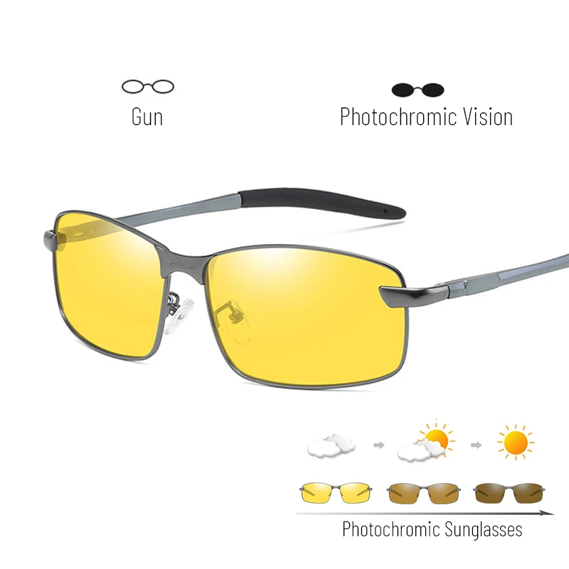 Винтажные улучшенные фотохромные солнцезащитные очки, поляризационные мужские прямоугольные алюминиевые бесцветные сменные очки для дневного и ночного видения - Цвет линз: C7 gun yellow