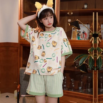 

Female Pajamas For Summer Short Sleeve&Pants Two Pieces Cotton Good Quality Pyjamas Casual Comfortable Home Suits
