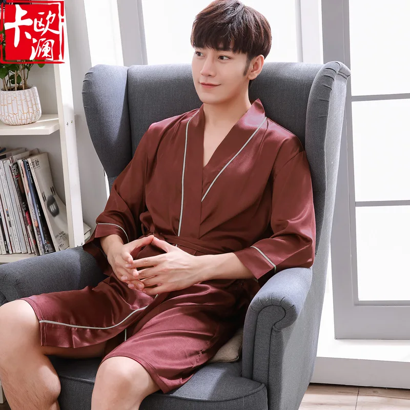 

Imitated Silk Fabric Men Robe Bathrobe Thin Ice Silk Bathrobe Men's Spring Summer Pajamas Korean-style Casual Tracksuit