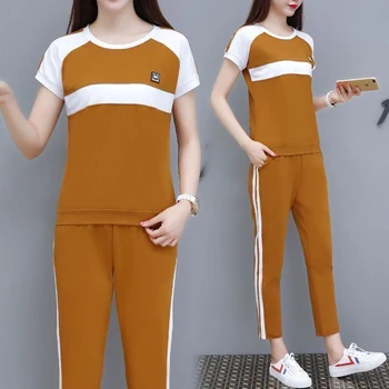 

2020 Spring and Summer Outfits for Women Stitching Fashion Short Sleeved Cropped Pants Two Piece Set Khaki Plus Size Clothes