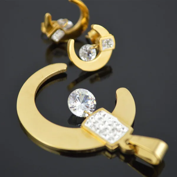 

s925-9+s123-18: Crystal Moon Stainless Steel Gold Earring Pendant Necklace Fashionable Teddy Women Jewelry
