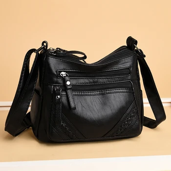 

Multi-layer Crossbody Handbags Women Solid PU Leather Multi Pocket Shoulder Messenger Bags Large Capacity Soft Bag