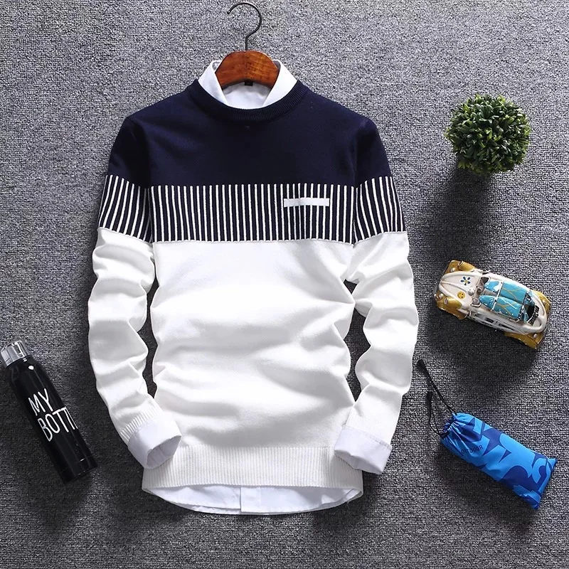 Cena 2019 nowych mężczyzna jesień sweter zimowy wełna Slim Fit paski swetry z dzianiny mężczyzna odzież marki Casual pull homme hombre