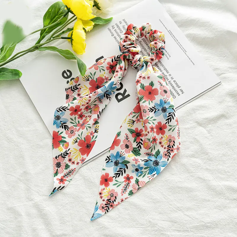 2022 Bohemian Polka Dot Floral Printed Bow Hair Scrunchies  Women Elastic Hair Band Ponytail Scarf Ribbon Hair Ties Accesories head accessories female Hair Accessories