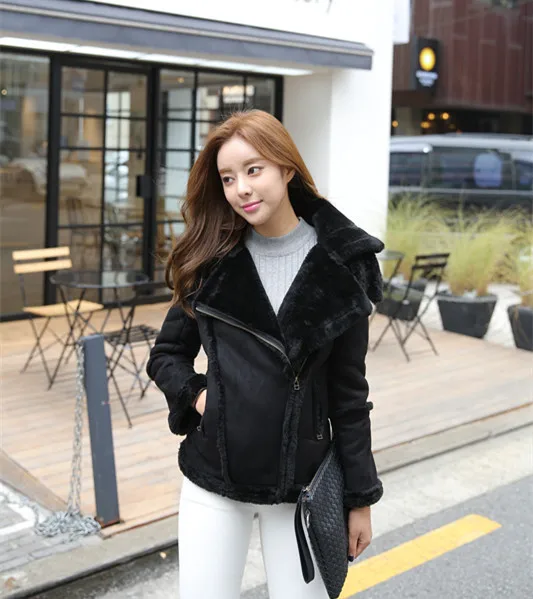 

2017 New Style Suede Lambs Wool Motorcycle Jacket Women's Short Fold-down Collar Fur Thick Korean-style Cotton-padded Clothes