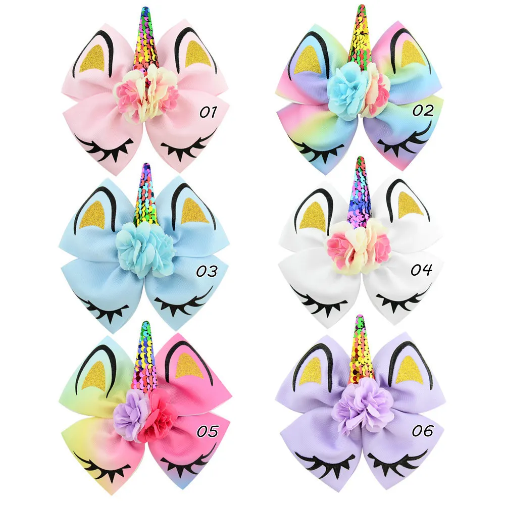 KY03 Glitter Hair Grip With Unicorn Horn for Little Girls Sequin Hair Bowknot School Kids Party Hairgrips Baby Hair Accessorie