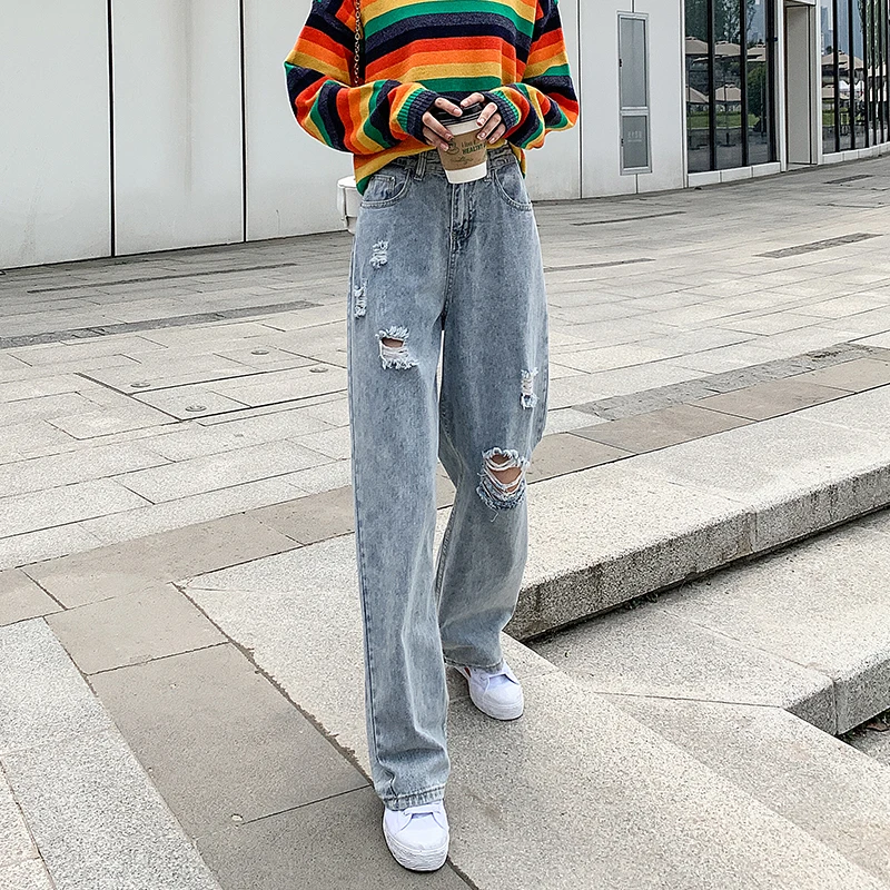 Женские джинсы с высокой талией рваные 2020 джинсовая прямая одежда широкие синяя