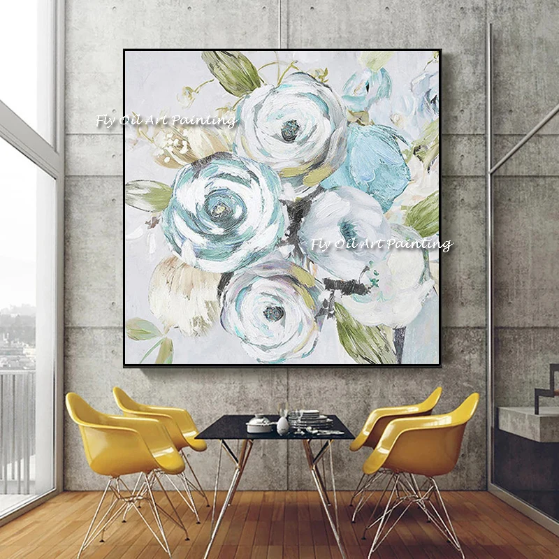 

The Fresh Handmade Oil Painting Wall Pictures for Living Room Decoration Large White Blue Flower Peony Rose Botany Plant Graph