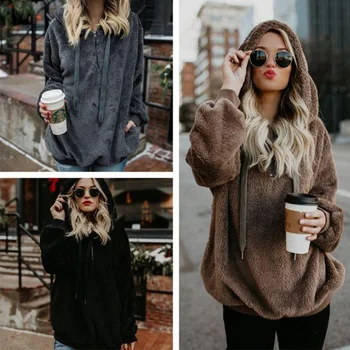 

Fashion Women Fleece Hoodies 2020 Long Sleeve Hooded Pullover Sweatshirt Autumn Winter Warm Zipper Pocket Fur Coat Plus Size 5XL