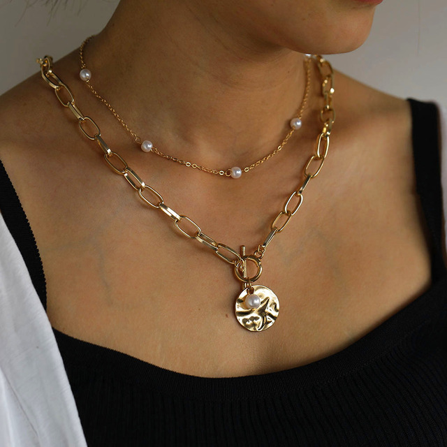 Baroque Pearl Coin Pendant Choker Necklace for Women Wedding Punk Bead Lariat Gold Color Long Chain Necklace Jewelry Gift