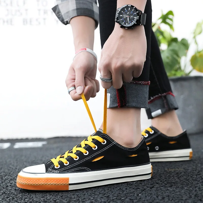 Классическая парусиновая обувь для мужчин на высоком/низком каблуке; модные кроссовки с вулканизированной подошвой для отдыха; износостойкая нескользящая резиновая подошва; обувь для скейтборда - Цвет: 6913 Black yellow