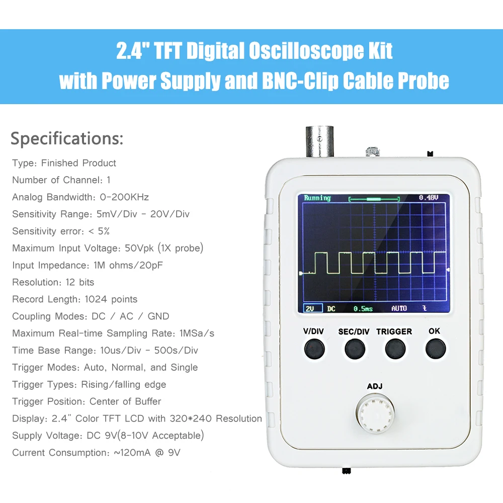 Фотоэлемент KKmoon 2 4 дюйма с блоком питания BNC Clip Cable Probe DS0150 (собранная готовая