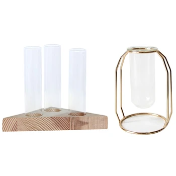 

Flower Vase Glass Tubes Clear Glass Flower Pot with Wooden Stand & Glass Cuvette Vase Gold Plated Iron Flower Vase