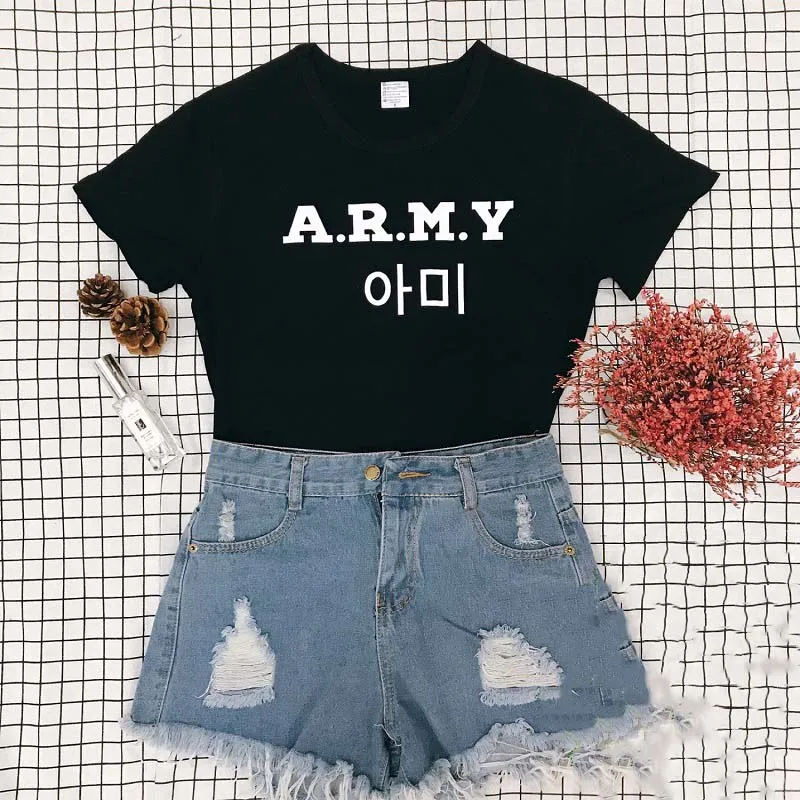 

Korea Fashion Hip Hop A.R.M.Y BTS T-Shirt Tumblr Graphic Streetwear cool shirt Letter Print Tees Tops