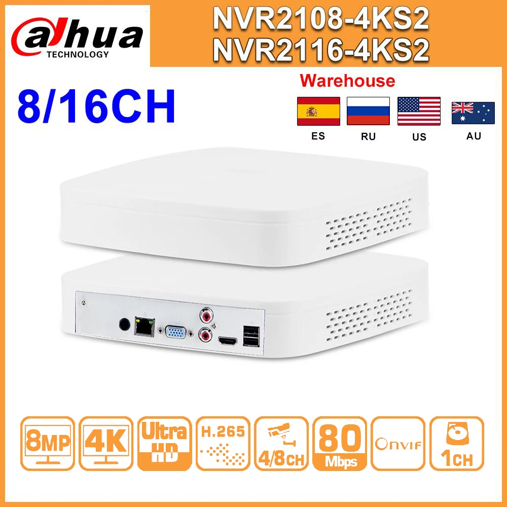 Original Dahua NVR NVR2108-4KS2 NVR2116-4KS2 8CH 16CH 4K grabador de vídeo en red H.265 IP cámara CCTV Cámara del sistema de seguridad para hogar