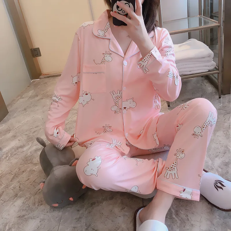 

Spring And Autumn Pajamas Women Long Sleeve Cardigan Cartoon Giraffe Set Cute Sweet Fold-down Collar Open Buckle Time of Childbi
