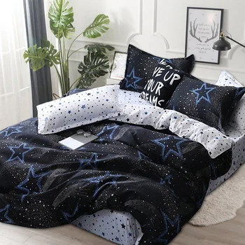 

1.8M 2M Duvet Cover Flat Sheet Pillowcase Bedding Set for Child Kis Black Cartoon Star Printed Boys Bed Linens Soft Bedclothes