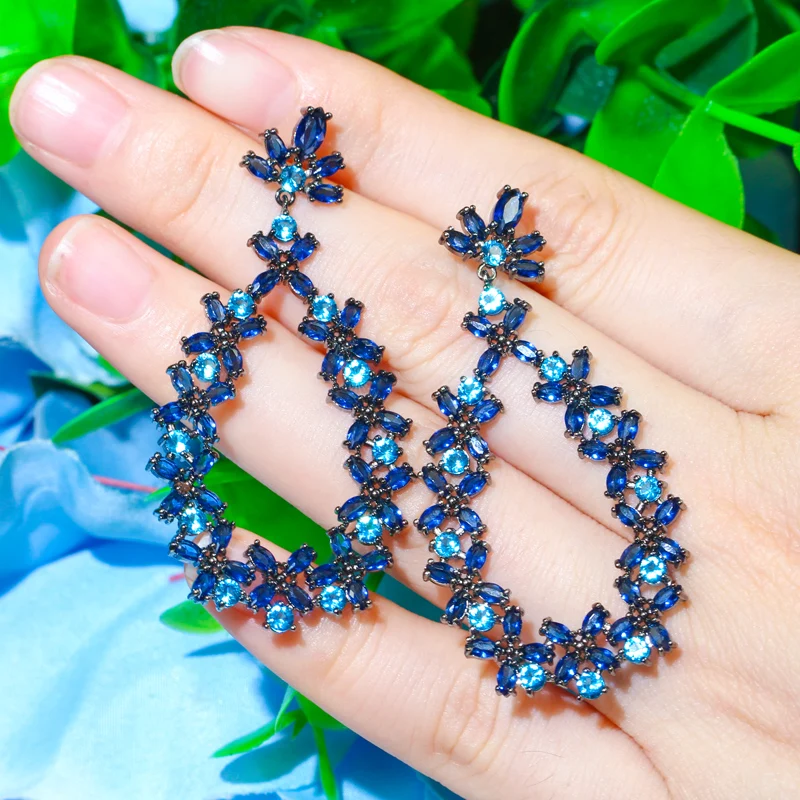 CWWZircons Drop Dangle Cluster Flower Leaf Dark Blue Cubic Zircon Crystal Long Party Earrings for Women Designer Jewelry CZ733