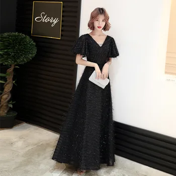 

Black V-Neck Sequins Chinese Sexy Queen Oriental Party Female Cheongsam Stage Show Qipao Dress Elegant Celebrity Banquet Dresses
