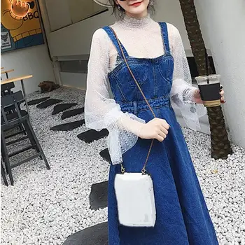 

New Fashion Sweet Slim Women's Sets Turtleneck Flare Sleeve Lace Tops And Denim Dress Two Piece Suits
