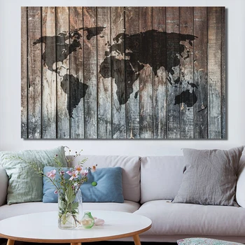 

3D World Map Canvas Painting Classical Black World Map Wood Background Print On Canvas for Office Room Picture Wall Art Décor