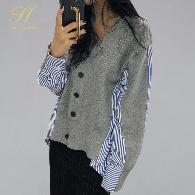 

H han queen Patchwork Stripe Sweaters Womens 2019 Autumn Tops Korean Oversized Sweater Women Chic Cardigan Casual Knitted Jumper