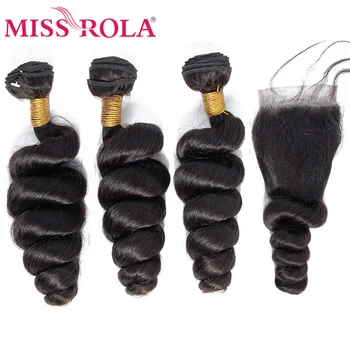 

Miss Rola Hair Peruvian Loose Wave 3 Bundles With Closure Natural Color 100% Human Hair Extensions Non-Remy Machine Double Weft