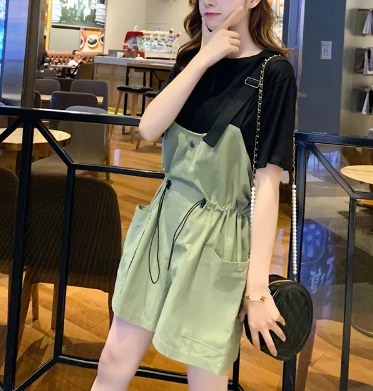 green jumpsuit set 2 шт Для женщин хлопковая рубашка+ шорты на подтяжках, комбинезоны, комплекты Лето уличная ремень женские комбинезон Комбинезоны для женщин - Цвет: green jumpsuit set