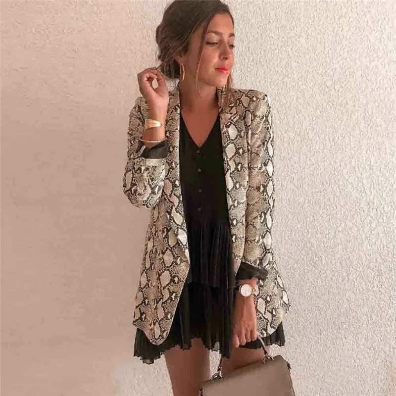

Trendy Women clothes Snakeskin print Long Sleeve Polyester Cardigan Coats casual turn-down collar outerwear one pieces