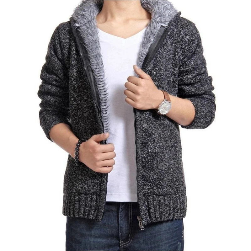 

Winter Men Thick Warm Sweatercoat Collar Zipper Sweater Coat Outerwear Fleece Cashmere Liner SweatersTurn-down Collar Hoodies