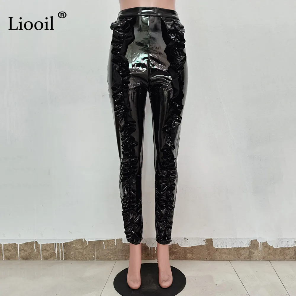Liooil, сексуальные штаны из искусственной кожи с высокой талией и оборками, Осень-зима, Сексуальные клубные обтягивающие брюки для женщин, уличная мода, брюки-карандаш