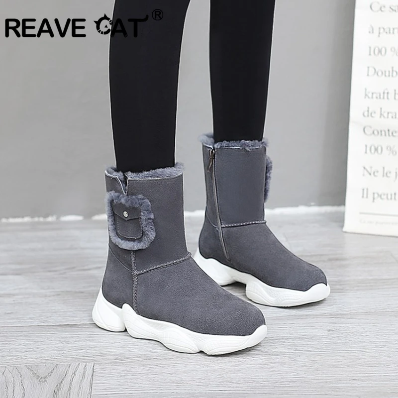 REAVE CAT/женские зимние ботильоны из плюша с круглым носком увеличивающие рост на