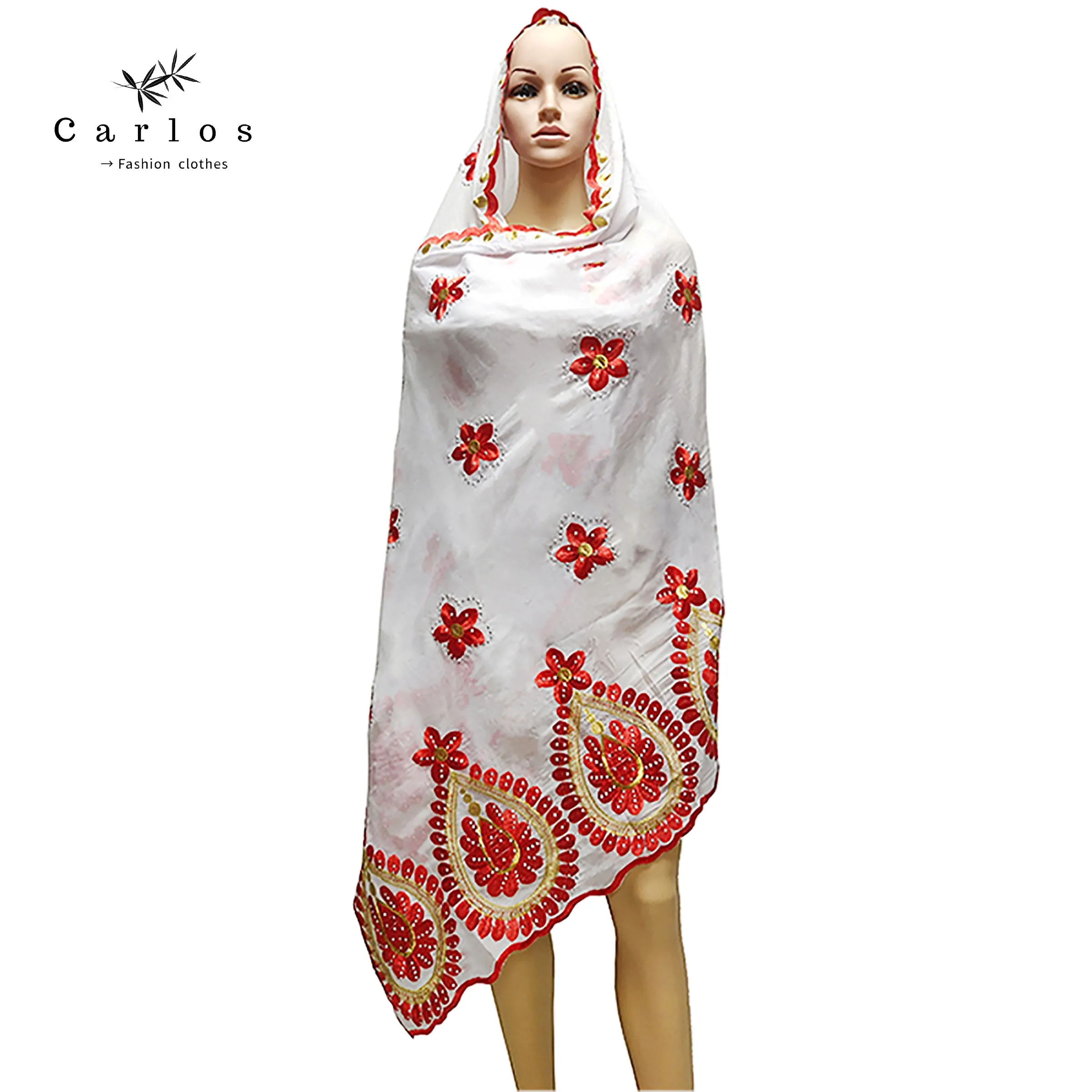

2021 New African Women Scarfs muslim embroidery soft cotton big scarf for shawls wraps pashmina Sc-44