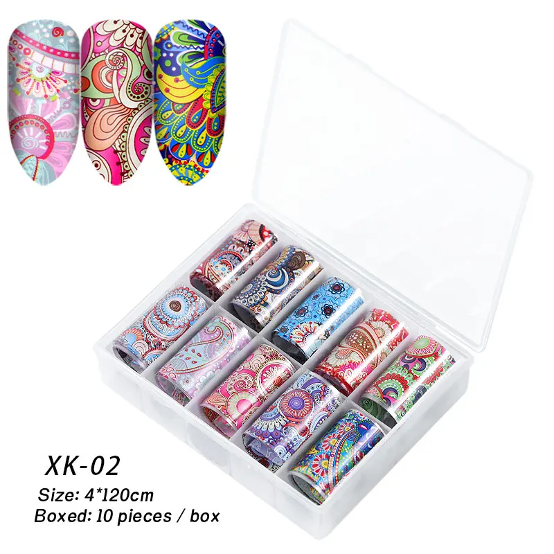 10 рулонов Голографическая фольга для ногтей пламя Одуванчик панда бамбук голографическая переводная наклейка для ногтей Лазерная Водная горка Набор наклеек для ногтей - Цвет: XK 2